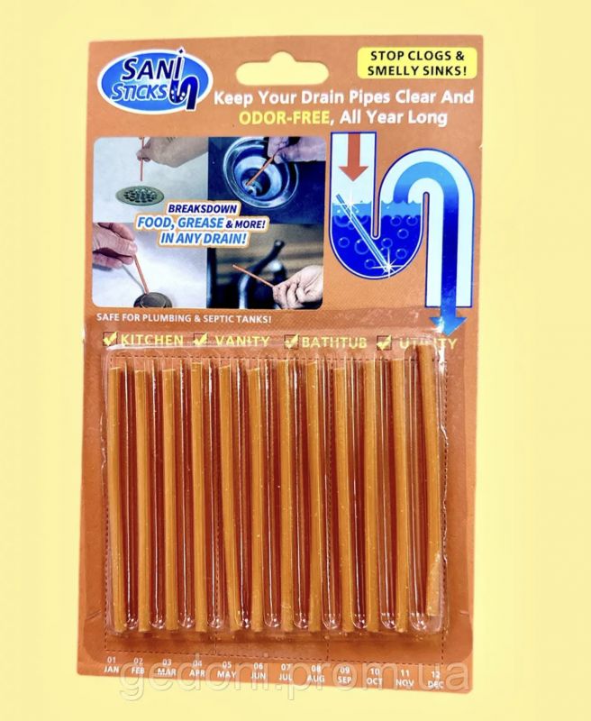 Палички для прочищення зливу раковини, ванни, мийки. Sani Sticks, 12 шт.